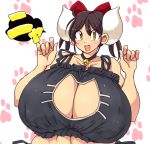  1girl breasts brown_hair cleavage cow_girl cow_horns gigantic_breasts hair_ribbon hataraki_ari horns original solo sukimi sukimi_(hataraki) upper_body yellow_eyes 