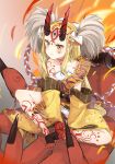  1girl blonde_hair claws fate/grand_order fate_(series) female high_resolution horns ibaraki_douji_(fate/grand_order) kimono long_hair looking_at_viewer off_shoulder oni oni_horns ookamiryouko short_kimono sitting solo wafuku yellow_eyes yellow_kimono 