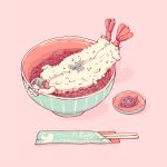  bow bow_bra bra chisuke chopsticks food in_bowl in_container in_food leaf liquid minigirl noodles original pink_background plant shadow short_hair shrimp shrimp_tempura simple_background solo tempura underwear 