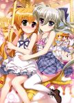  4girls blonde_hair blush carousel couple einhart_stratos fate_testarossa food fujima_takuya green_hair hand_holding happy heterochromia ice_cream looking_at_another looking_at_viewer lyrical_nanoha mahou_shoujo_lyrical_nanoha mahou_shoujo_lyrical_nanoha_vivid multiple_girls official_art open_mouth orange_hair purple_eyes red_eyes smile takamachi_nanoha vivio yuri 