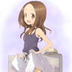  :d bangs bare_arms bare_shoulders black_camisole brown_eyes brown_hair camisole commentary_request forehead hat hat_removed headwear_removed highres karakai_jouzu_no_takagi-san long_hair looking_at_viewer open_mouth parted_bangs skirt skirt_hold smile solo sun_hat takagi-san takunama white_skirt 