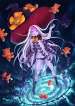  :d abigail_williams_(fate/grand_order) bangs black_bow black_hat black_legwear black_panties bow breasts commentary_request fate/grand_order fate_(series) glowing hat hat_bow holding holding_key key kneehighs long_hair no_shoes open_mouth orange_bow oversized_object pale_skin panties parted_bangs purple_eyes revealing_clothes signature small_breasts smile solo standing stuffed_animal stuffed_toy teddy_bear topless underwear very_long_hair white_hair witch_hat zhiyuank1 