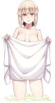  artoria_pendragon_(all) bangs black_ribbon blonde_hair blush breasts collarbone covering cowboy_shot eyebrows_visible_through_hair fate/stay_night fate_(series) hair_between_eyes hair_ribbon holding holding_towel looking_at_viewer medium_breasts michihasu nude_cover parted_lips ribbon saber_alter short_hair sidelocks solo standing towel wading water wet white_background yellow_eyes 