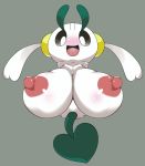  2018 areola big_breasts black_eyes blush breasts chinchira_(pixiv13404505) female floette front_view green_body grey_background huge_breasts humanoid looking_at_viewer looking_down nintendo nipples open_mouth open_smile pok&eacute;mon pok&eacute;mon_(species) simple_background smile solo video_games white_body 