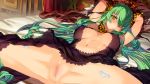  1girl armpits arms_up bed black_dress blush breasts censored cleavage cleavage_cutout cleft_of_venus dress erect_nipples erect_nipples_under_clothes game_cg green_hair groin hair_over_one_eye highres legs long_hair looking_at_viewer lying medium_breasts mosaic_censoring navel no_panties on_bed original orion_(orionproject) parted_lips pillow pussy rance_(series) rance_10:_kessen shaved shaved_pussy solo spread_legs thighs veil yellow_eyes 