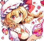  absurdres blonde_hair brooch closed_mouth collar commentary_request cup drinking_glass flandre_scarlet frilled_shirt_collar frills fuupu hair_ribbon hat highres holding holding_cup jewelry mob_cap no_wings red_eyes red_vest ribbon shirt short_sleeves side_ponytail solo star tongue tongue_out touhou upper_body vest water_drop white_background white_shirt 