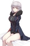  ahoge bangs between_legs black_dress blue_coat blush breasts closed_mouth coat collarbone dress eyebrows_visible_through_hair fate/apocrypha fate/grand_order fate_(series) fur-trimmed_coat fur-trimmed_sleeves fur_trim hair_between_eyes hand_between_legs jeanne_d'arc_(alter)_(fate) jeanne_d'arc_(fate)_(all) jewelry looking_at_viewer looking_to_the_side medium_breasts michihasu open_clothes open_coat pendant short_dress silver_hair sitting solo white_background wicked_dragon_witch_ver._shinjuku_1999 yellow_eyes 