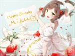  :3 animal_ears aqua_background backless_dress backless_outfit bad_id bad_pixiv_id blush border bow bracelet breasts brown_hair cake cat_ears cat_tail cleavage daisy dress fake_animal_ears fake_tail fang flower flower_bracelet food food_themed_hair_ornament frilled_dress frills fruit green_bow green_eyes green_ribbon hair_bow hair_intakes hair_ornament hair_up happy_birthday heart heart_print holding holding_food huge_bow idolmaster idolmaster_cinderella_girls jewelry jitome large_breasts leg_ribbon light_particles looking_at_viewer looking_back maekawa_miku nail_polish open_mouth oversized_object ponytail puffy_short_sleeves puffy_sleeves ribbon shiratama_akane short_hair short_sleeves sign sitting slippers solo strapless strapless_dress strawberry strawberry_hair_ornament strawberry_shortcake tail tail_bow wavy_hair whipped_cream white_border white_bow white_dress white_footwear 