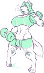  anthro big_breasts breasts breath bulge canine clothed clothing dickgirl exercise green_theme hybrid intersex jintonic mammal open_mouth scalie solo standing thick_thighs voluptuous weightlifting workout 