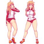  absurdres ahoge arm_at_side arm_up arms_behind_back ass ass_visible_through_thighs blonde_hair blush breasts buruma closed_mouth contrapposto facepaint fast-runner-2024 full_body groin highres jacket legs long_hair long_sleeves medium_breasts multiple_views open_mouth original raglan_sleeves red_eyes shiny shiny_skin shoes simple_background socks standing tiffy track_jacket white_background zipper 