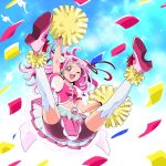  ;d aitaso bike_shorts bird cheerleader confetti cure_yell double_bun earrings full_body hair_ornament hair_ribbon heart heart_hair_ornament hugtto!_precure jewelry jumping layered_skirt long_hair looking_at_viewer magical_girl navel nono_hana one_eye_closed open_mouth pink_eyes pink_footwear pink_hair pink_shirt pink_shorts pink_skirt pom_poms precure red_ribbon ribbon shirt shoes shorts shorts_under_skirt skirt sky sleeveless sleeveless_shirt smile solo spread_legs thighhighs white_legwear 