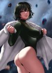  artist_name ass black_hair breasts dandon_fuga dress eyeliner fubuki_(one-punch_man) fur_coat green_eyes green_leotard grin jewelry large_breasts leotard lips long_sleeves looking_at_viewer looking_back makeup necklace nose one-punch_man short_hair smile solo standing telekinesis thick_thighs thighs white_coat 