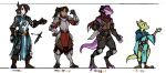  2018 ambiguous_gender armor book clothed clothing dagger digitigrade female green_scales guoh horn human jewelry knee_pads knight kobold lineup male mammal melee_weapon model_sheet multicolored_scales purple_scales robe scales scalie size_difference smile spotted_scales striped_scales two_tone_scales weapon 