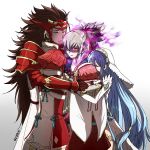  armor brother_and_sister brothers brown_hair commentary fire_emblem fire_emblem_heroes fire_emblem_if grey_hair highres hinoka_(fire_emblem_if) hug ikeimen japanese_clothes mamkute ponytail red_eyes red_hair ryouma_(fire_emblem_if) sakura_(fire_emblem_if) siblings sisters takumi_(fire_emblem_if) 