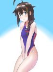  30-06 ahoge black_hair blue_background blue_eyes braid competition_swimsuit cowboy_shot embarrassed gradient gradient_background hair_flaps hair_over_shoulder highres kantai_collection long_hair one-piece_swimsuit purple_swimsuit remodel_(kantai_collection) shigure_(kantai_collection) single_braid solo swimsuit 