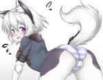  2017 ? all_fours anthro black_fur blush butt camel_toe canine clothed clothing dog female fur hair looking_at_viewer mammal open_mouth panties purple_eyes simple_background solo syrup_(artist) underwear white_background white_fur white_hair 