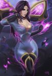  1girl bodysuit breasts cleavage kai&#039;sa laser league_of_legends long_hair open_mouth purple_eyes purple_hair solo spandex stretchnsin wings 