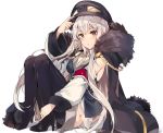  bangs blush boots cloak commentary epaulettes eyebrows_visible_through_hair fur_trim girls_frontline hand_up hat high_heel_boots high_heels highres iron_cross kar98k_(girls_frontline) knees_up long_hair looking_at_viewer military military_hat military_uniform parted_lips peaked_cap red_eyes sidelocks silver_hair simple_background sitting solo thigh_boots thighhighs tuxedo_de_cat uniform very_long_hair white_background 