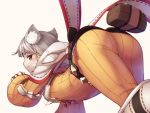  animal_ears armor ass cat_ears from_behind grey_hair hair_ribbon jumpsuit looking_at_viewer looking_back mochi_(mochi444420) niyah ribbon simple_background white_background xenoblade_(series) xenoblade_2 yellow_eyes 