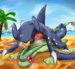  2017 ambiguous_gender ambiguous_penetration beach blush breath cloud detailed_background duo flygon garchomp lying male nintendo on_front on_top outside palm_tree penetration pinned pok&eacute;mon pok&eacute;mon_(species) questionable_consent risenpaw sand seaside sex sky tongue tongue_out tree video_games water 