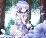  1girl blue_eyes character_request commentary_request day dress eyebrows_visible_through_hair flower hair_flower hair_ornament hair_ribbon heterochromia highres kakutasu_(akihiron_cactus) looking_at_viewer nature outdoors purple_eyes ribbon silver_hair solo stuffed_animal stuffed_bunny stuffed_toy tree white_dress 