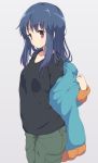  alternate_hairstyle blue_hair collarbone commentary_request hair_down jacket long_hair looking_at_viewer mel_(melty_pot) pants purple_eyes shima_rin shirt simple_background solo undressing yurucamp 