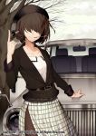  bad_id bad_pixiv_id bangs belt belt_buckle black_belt blazer brown_hair brown_jacket buckle car car_keys carchet cloud cloudy_sky commentary copyright_name ground_vehicle hair_over_eyes headlight holding jacket key motor_vehicle official_art open_door original pantyhose patterned_clothing pointing pointing_up rear-view_mirror short_hair sid_story skirt sky solo tree tree_branch watermark 