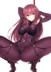  arms_behind_head arms_up bangs blush bodysuit breasts cauldron closed_mouth commentary_request covered_navel eyebrows_visible_through_hair fate/grand_order fate_(series) gae_bolg high_heels holding holding_spear holding_weapon large_breasts long_hair looking_at_viewer polearm purple_bodysuit purple_hair red_eyes rinaka_moruchi scathach_(fate)_(all) scathach_(fate/grand_order) simple_background solo spear spread_legs squatting very_long_hair weapon white_background 