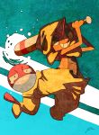  baseball_bat beanie blue_background bluekomadori evil_smile full_body gen_1_pokemon gen_5_pokemon grin hat highres jumping looking_at_viewer looking_down no_humans pants pokemon pokemon_(creature) sad scrafty signature smile tears voltorb 