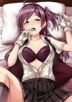  ahoge bed_sheet black_skirt blouse blush bra brown_eyes buttons gloves grey_legwear hagikaze_(kantai_collection) highres kamelie kantai_collection long_hair one_side_up open_clothes open_mouth open_shirt pillow pleated_skirt purple_bra purple_hair short_sleeves skirt solo underwear white_blouse white_gloves 