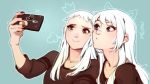  2girls blue_eyes green_eyes long_hair multiple_girls phone selfie sisters smile soemy twins white_hair 