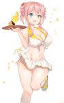  absurdres aymusk blush breasts cleavage commentary_request double_bun drink glass highres medium_breasts navel open_mouth original pink_hair short_hair skirt solo standing standing_on_one_leg thigh_gap white_background white_skirt 