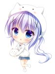  :o angora_rabbit animal bangs blue_eyes blue_hair blue_skirt blush bunny character_hood chibi commentary_request eyebrows_visible_through_hair full_body gochuumon_wa_usagi_desu_ka? hair_between_eyes highres holding holding_animal hood hood_up hoodie kafuu_chino long_hair long_sleeves looking_at_viewer looking_to_the_side no_shoes parted_lips pleated_skirt pom_pom_(clothes) side_ponytail simple_background skirt socks standing standing_on_one_leg tippy_(gochiusa) very_long_hair white_background white_hoodie white_legwear yukatama 