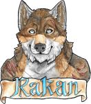  2018 aikovalaiz anthro badge blue_eyes canine male mammal rakan scar solo traditional_media_(artwork) were werewolf wolf 