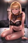  ashley_graham barefoot black_bra black_panties blonde_hair blush bra breasts cleavage highres large_breasts medium_hair navel panties red_eyes resident_evil scarf sgk sitting sleeveless smile solo underwear yokozuwari 