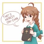  1girl 4chan 8chan ahoge bangs bible braid brown_hair christ-chan english_text eyebrows green_dress green_eyes hairclip holding holding_object long_hair open_mouth solo text 