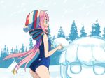  :d ass asterisk_(artist) beanie blush eyebrows_visible_through_hair fire from_side hair_between_eyes hat holding kagamihara_nadeshiko long_hair old_school_swimsuit one-piece_swimsuit open_mouth outdoors profile scarf school_swimsuit shima_rin sideways_mouth smile snow snowing snowman solo striped striped_scarf swimsuit tent tree very_long_hair yurucamp 