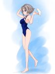  absurdres barefoot blue_background blue_eyes blue_swimsuit competition_swimsuit full_body grey_hair highres kurogane_yamato looking_at_viewer love_live! love_live!_sunshine!! one-piece_swimsuit profile short_hair solo swim_cap_removed swimsuit watanabe_you 