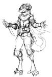  2018 ambiguous_gender claws clothed clothing dagger digitigrade guoh half-closed_eyes horn kobold melee_weapon open_mouth scalie sketch smile spreading_arms weapon 