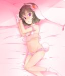  animal_ears bare_shoulders bed_sheet bow breasts brown_hair bunny_ears bunny_tail carrot_hair_ornament commentary floppy_ears food_themed_hair_ornament frills gloves hair_bow hair_ornament hairband hashimoto_w.s. inaba_tewi lingerie looking_at_viewer lying navel on_side petite pillow pink_eyes short_hair small_breasts socks solo tail touhou underwear white_gloves white_legwear 