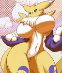  2017 anthro armwear big_breasts black_sclera breasts canine chest_tuft clothing crotch_tuft digimon fdokkaku featureless_breasts female fur huge_breasts kemono mammal markings mostly_nude multicolored_fur portrait renamon solo thick_thighs three-quarter_portrait tuft two_tone_fur voluptuous wide_hips 