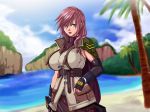  1girl black_gloves blue_eyes breasts cape closed_mouth clouds final_fantasy final_fantasy_xiii fingerless_gloves gloves highres holding large_breasts lightning_farron lips lipstick long_hair looking_at_viewer mountain outdoors palm_tree pink_hair pink_lips raburebo serious shoulder_pads skirt sky solo standing turtleneck water zipper 