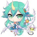  1girl alternate_costume alternate_eye_color alternate_hair_color alternate_hairstyle chibi fluffy_ears gloves green_hair horn league_of_legends long_hair solo soraka star_guardian_soraka thighhighs very_long_hair white_gloves white_legwear white_wings wings 