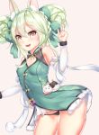  1girl animal_ears art556 art556_(girls_frontline) bare_shoulders black_panties bow cowboy_shot detached_sleeves erect_nipples erect_nipples_under_clothes eyebrows_visible_through_hair female fox_ears girls_frontline gmkj green_bow green_hair hair_between_eyes hair_bow looking_at_viewer looking_to_the_side multiple_bows open_mouth panties petite small_breasts solo underwear 