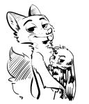  2018 anthro black_and_white blush canine digital_media_(artwork) dipstick_ears dipstick_tail disney duo ear_markings facial_markings fox fuel_(artist) fur_markings gloves_(marking) half-closed_eyes hand_on_chest hug jack_savage lagomorph looking_at_viewer male male/male mammal markings monochrome multicolored_tail nick_wilde nude rabbit simple_background size_difference stripes suggestive tongue tongue_out white_background zootopia 