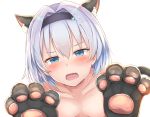  animal_ears black_hairband blue_eyes blush breasts cat_ears cat_tail commentary_request fake_animal_ears fang gloves hairband looking_at_viewer noa_(letizia) nude open_mouth paw_gloves paws ryuuou_no_oshigoto! short_hair silver_hair simple_background small_breasts sora_ginko tail tears upper_body white_background 