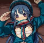  @_@ aqua_jacket beanie black_shirt blue_hair blush bra bra_pull breasts eyebrows_visible_through_hair hat izumi_yukiru jacket long_hair long_sleeves looking_at_viewer lying nipples nose_blush on_back open_clothes open_jacket open_mouth scarf shima_rin shirt shirt_lift small_breasts solo striped striped_scarf sweatdrop tears underwear unzipped wavy_mouth white_bra yurucamp zipper 