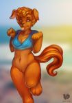  2018 anthro bottomless canine clothed clothing day dog female fur gallonegro hair mammal navel one_leg_up orange_eyes orange_hair orange_tail outside pussy sky solo standing 