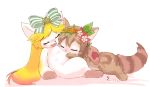  2017 black_nose blonde_hair blush brown_fur brown_hair cat duo eyes_closed feline female female/female feral fur hair mammal open_mouth paws rag._(artist) ribbons simple_background white_background white_fur 