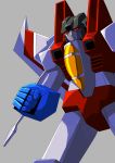  80s absurdres arm_cannon cannon commentary_request dai_den_jin decepticon grey_background highres no_humans oldschool red_eyes simple_background solo starscream transformers weapon 